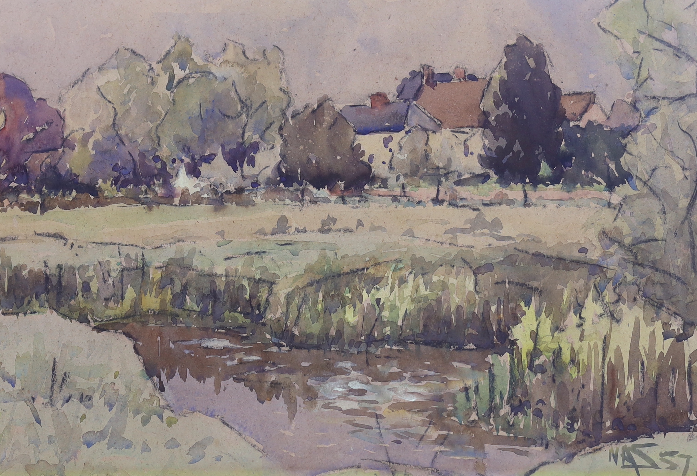 Two mid 20th century ink and watercolours, Park scene with seated figures and Rural landscape, each monogrammed NAZ, 55 x 36cm